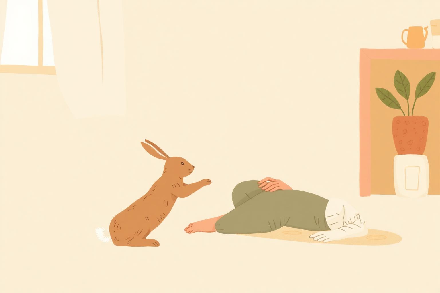 A person sitting on the floor letting a rabbit approach them, showing trust built at ground level.
