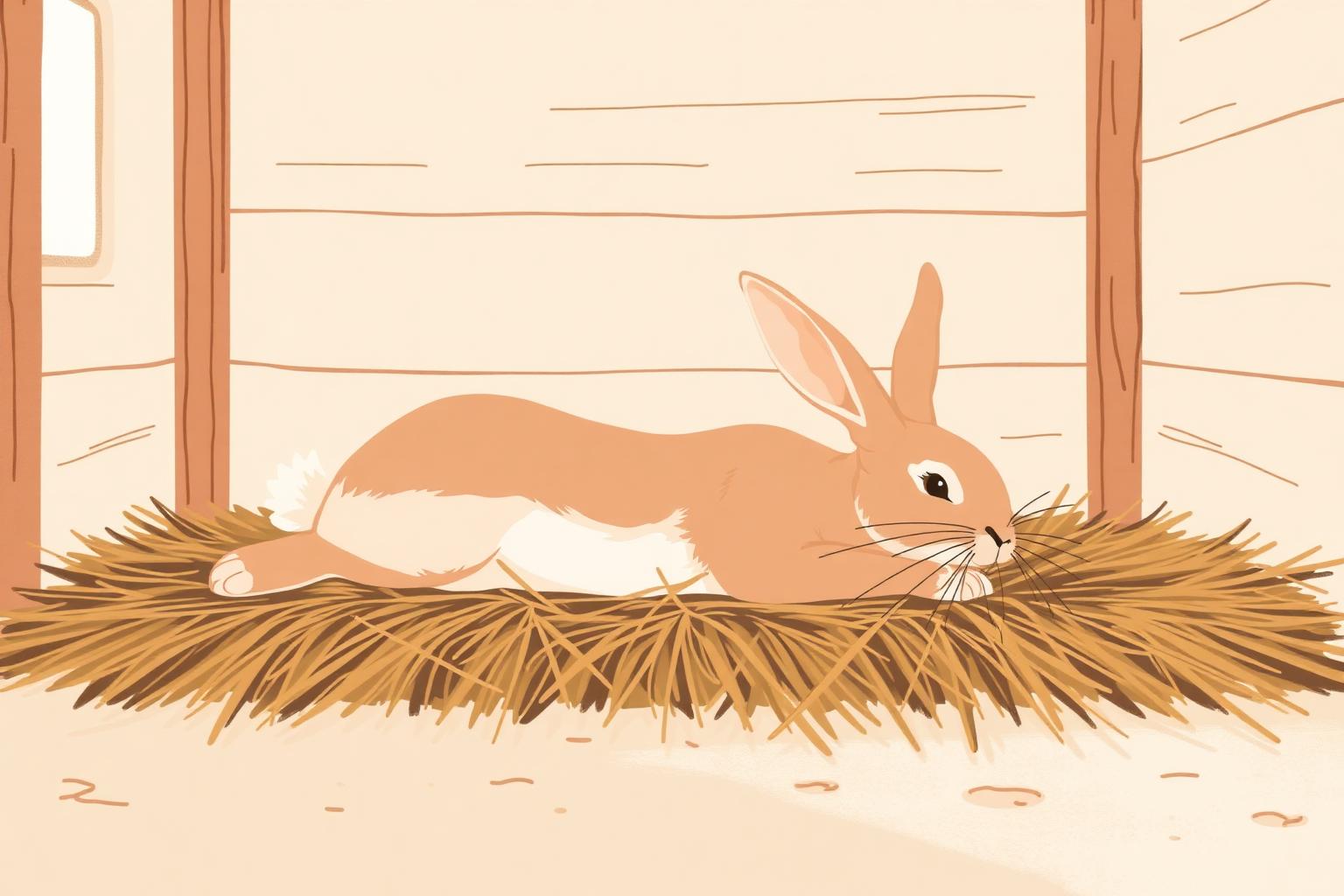 An illustration of a relaxed rabbit stretched out on hay in a spacious enclosure.
