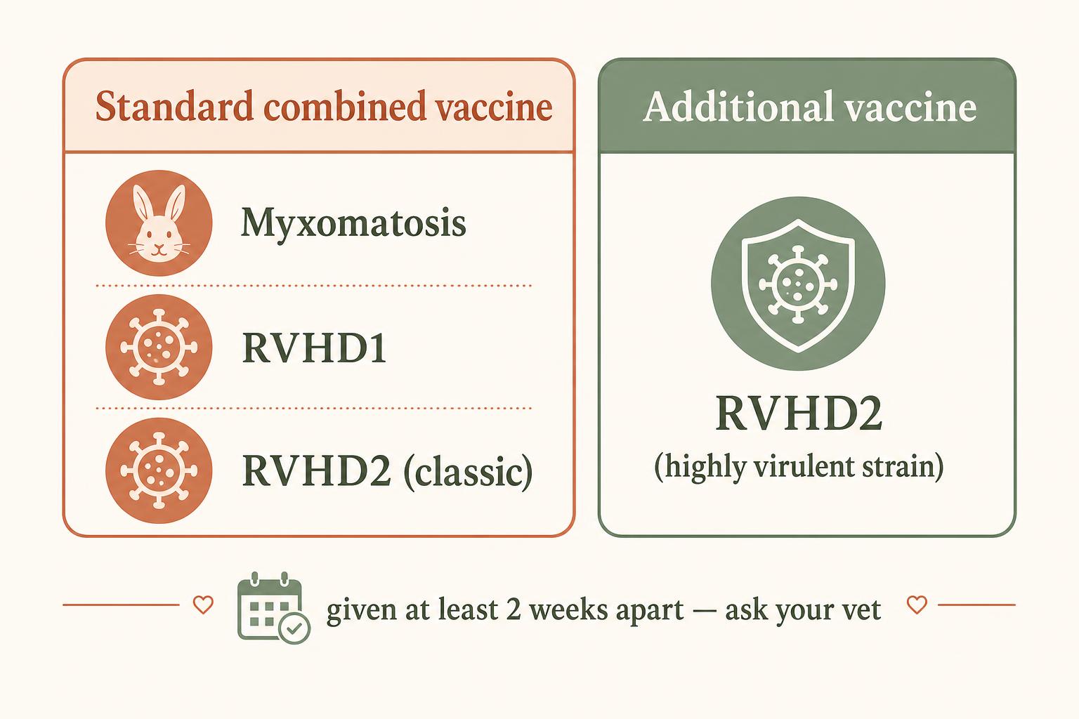 A diagram showing the standard combined rabbit vaccine covering myxomatosis, RVHD1 and RVHD2, plus a separate additional vaccine for the highly virulent RVHD2 strain.