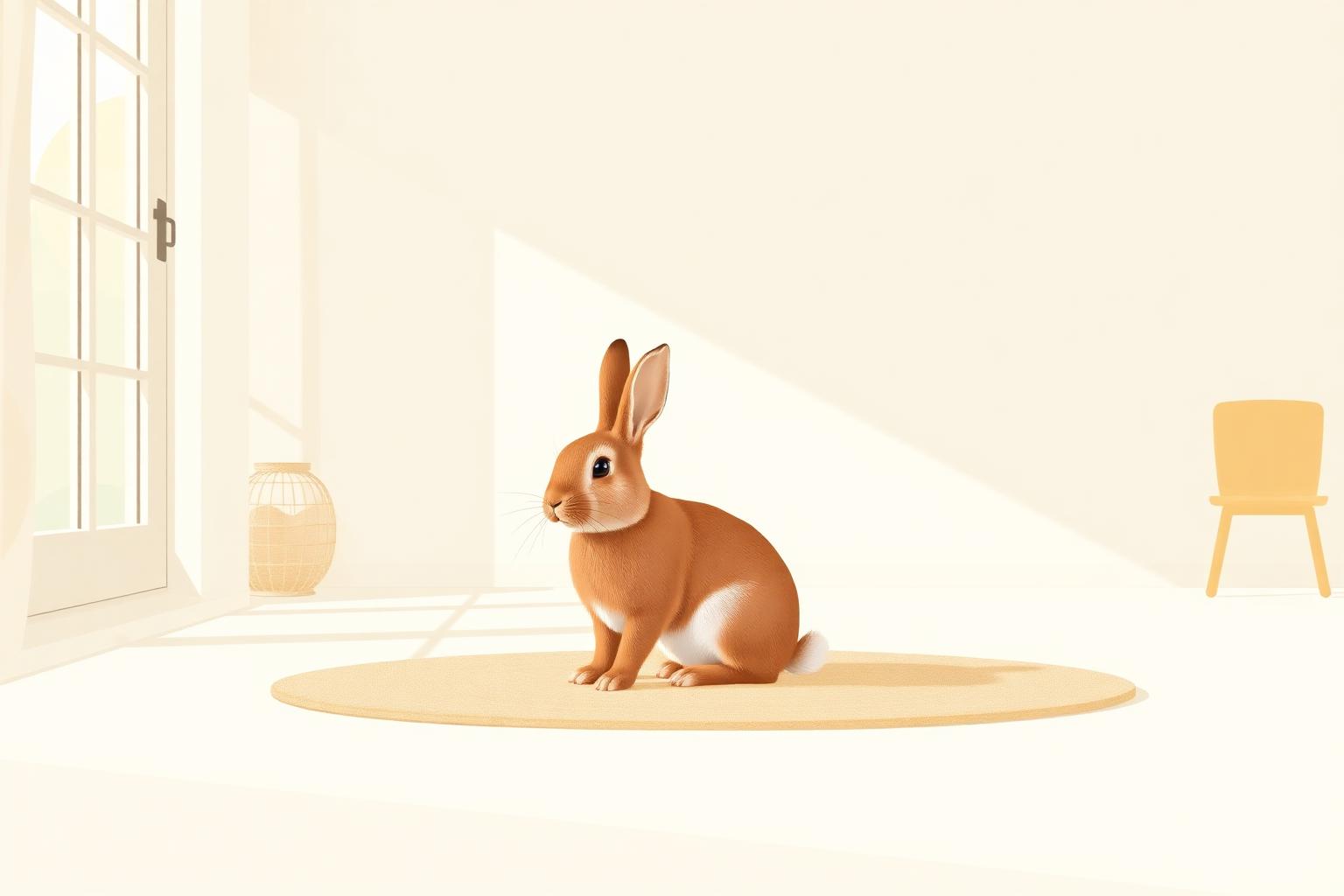 An illustration of a healthy, alert rabbit sitting calmly in a bright setting.