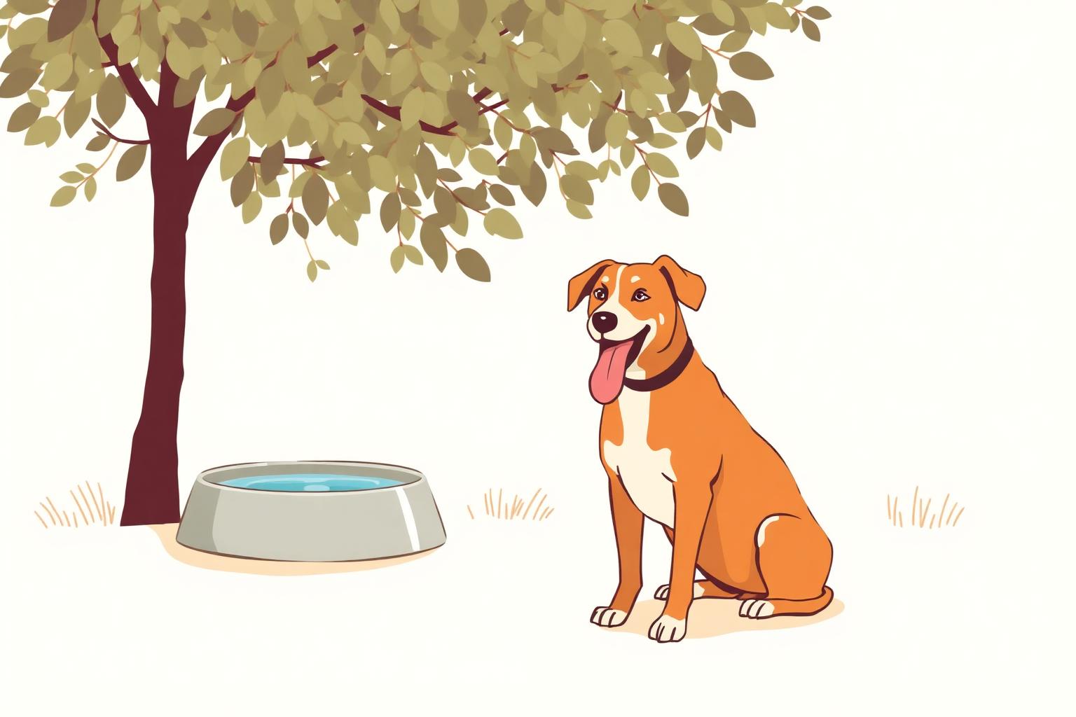 An illustration of a dog panting in the shade beside a water bowl on a hot day.