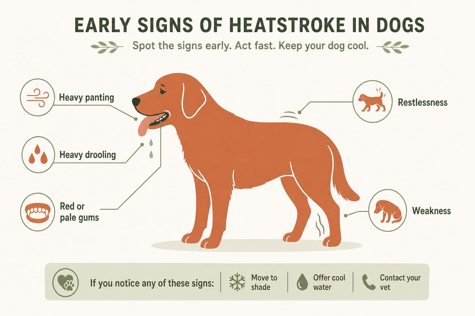 A labelled diagram of a dog showing early signs of heatstroke: heavy panting, drooling, red or pale gums, restlessness and weakness.