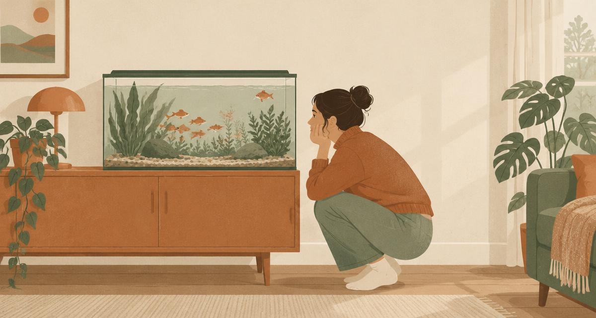 A person crouching to watch a home aquarium where one fish has drifted apart from the shoal.