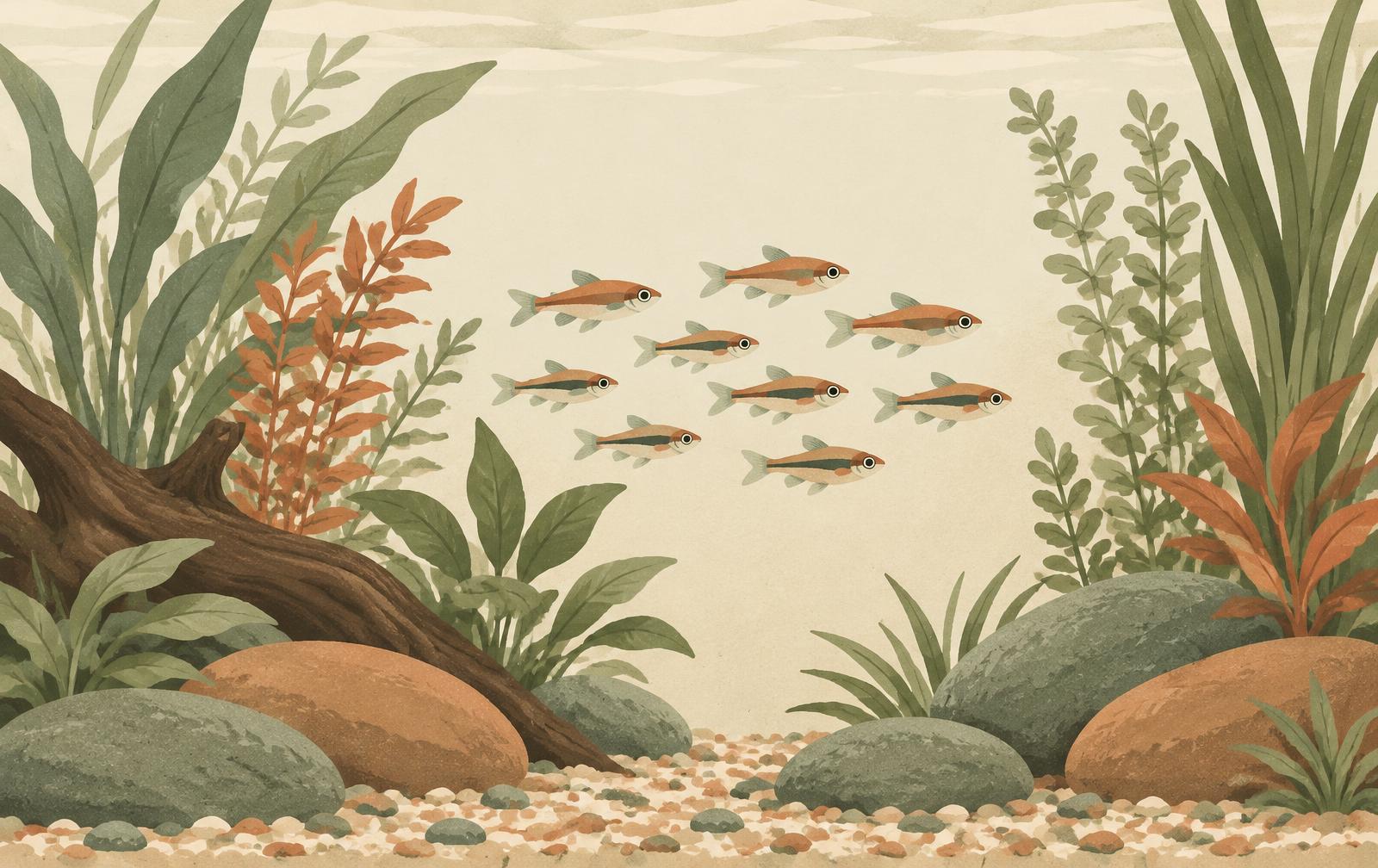 A shoal of small fish swimming together through a planted aquarium.