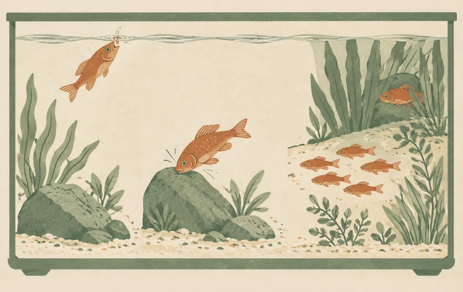 An aquarium cross-section showing a fish at the surface, a fish rubbing on a rock and a fish separated from its shoal.