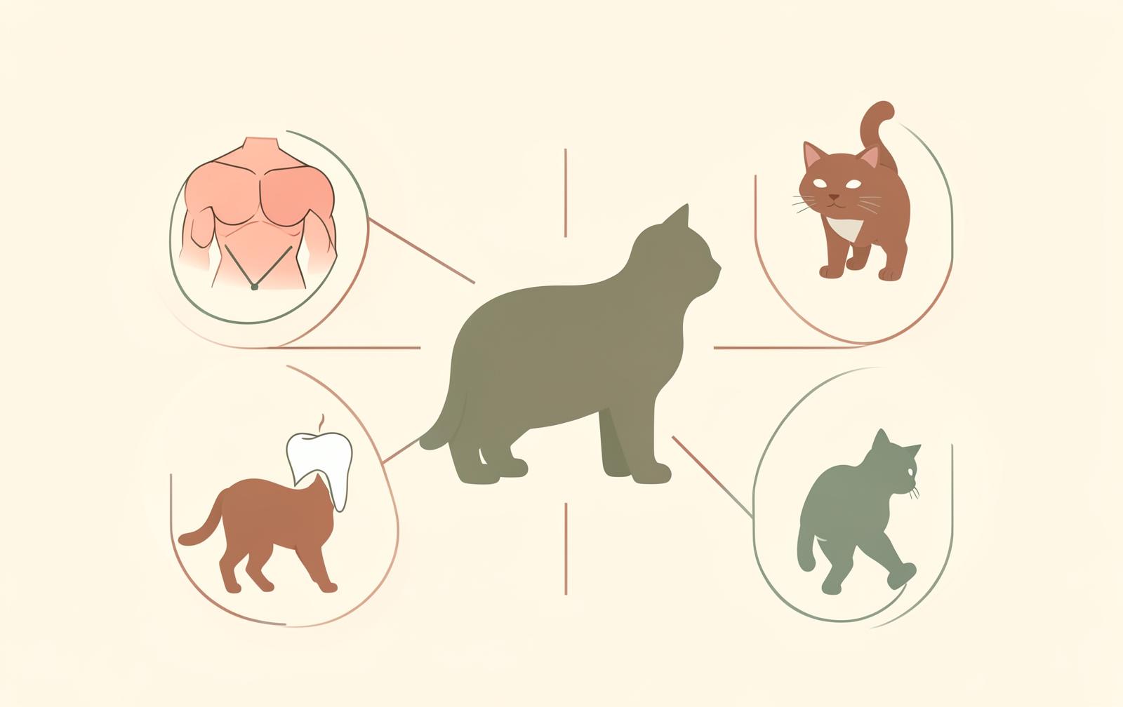 A diagram showing four areas worth monitoring as cats enter middle age: muscle condition, body condition, dental health and mobility.