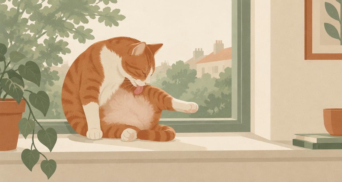 A cat on a windowsill grooming the inside of its back leg.