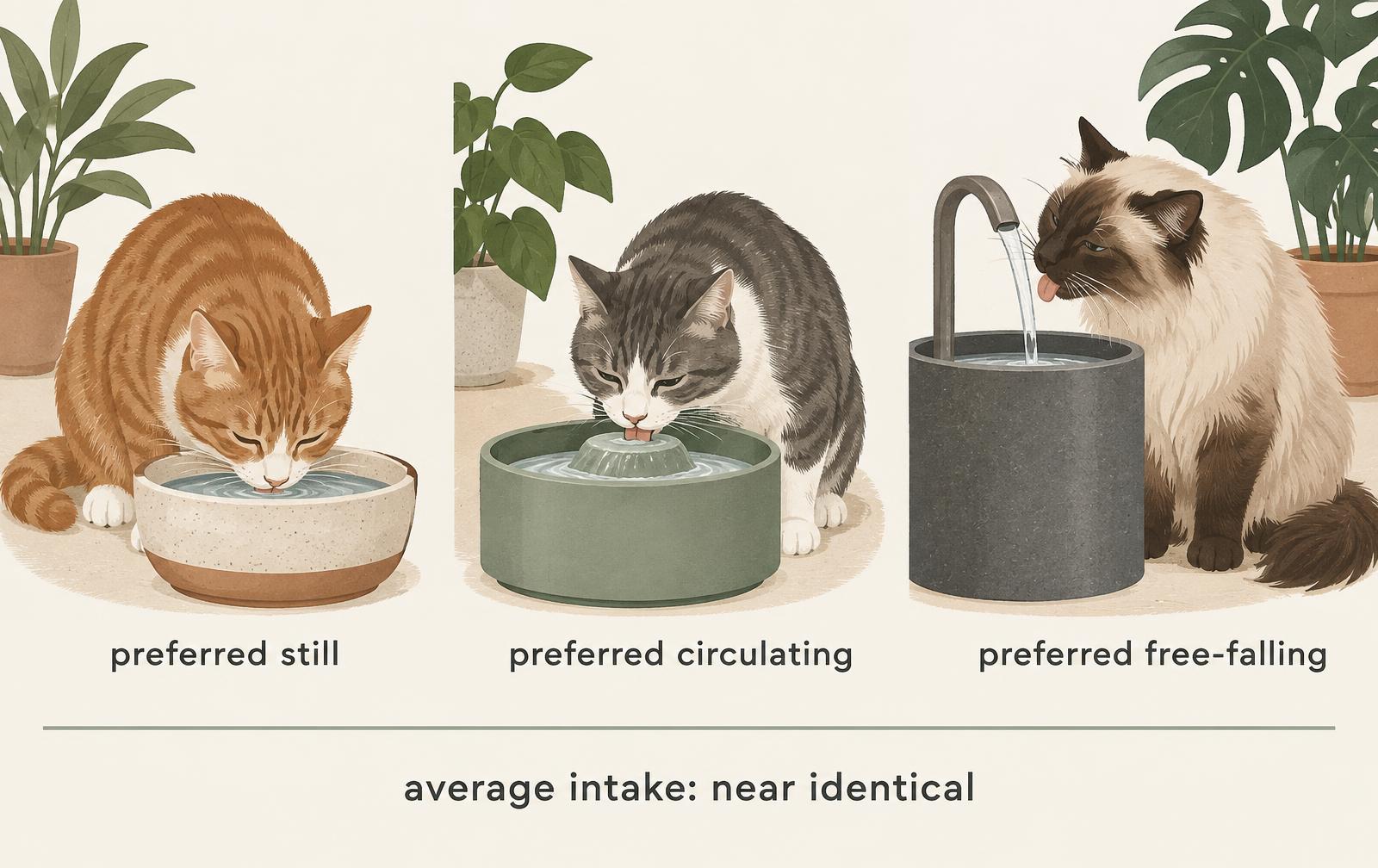 An illustration showing three cats each preferring a different water source — still, circulating and free-falling — with a note that average intake was near identical.