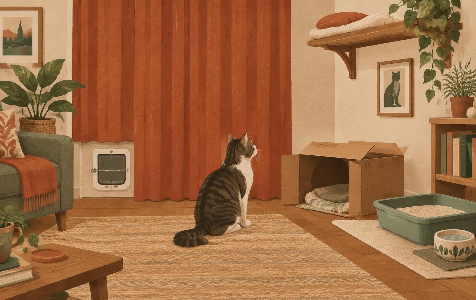 An illustration of a home prepared for a cat before fireworks, with curtains closed, litter tray, hiding box and elevated safe place.