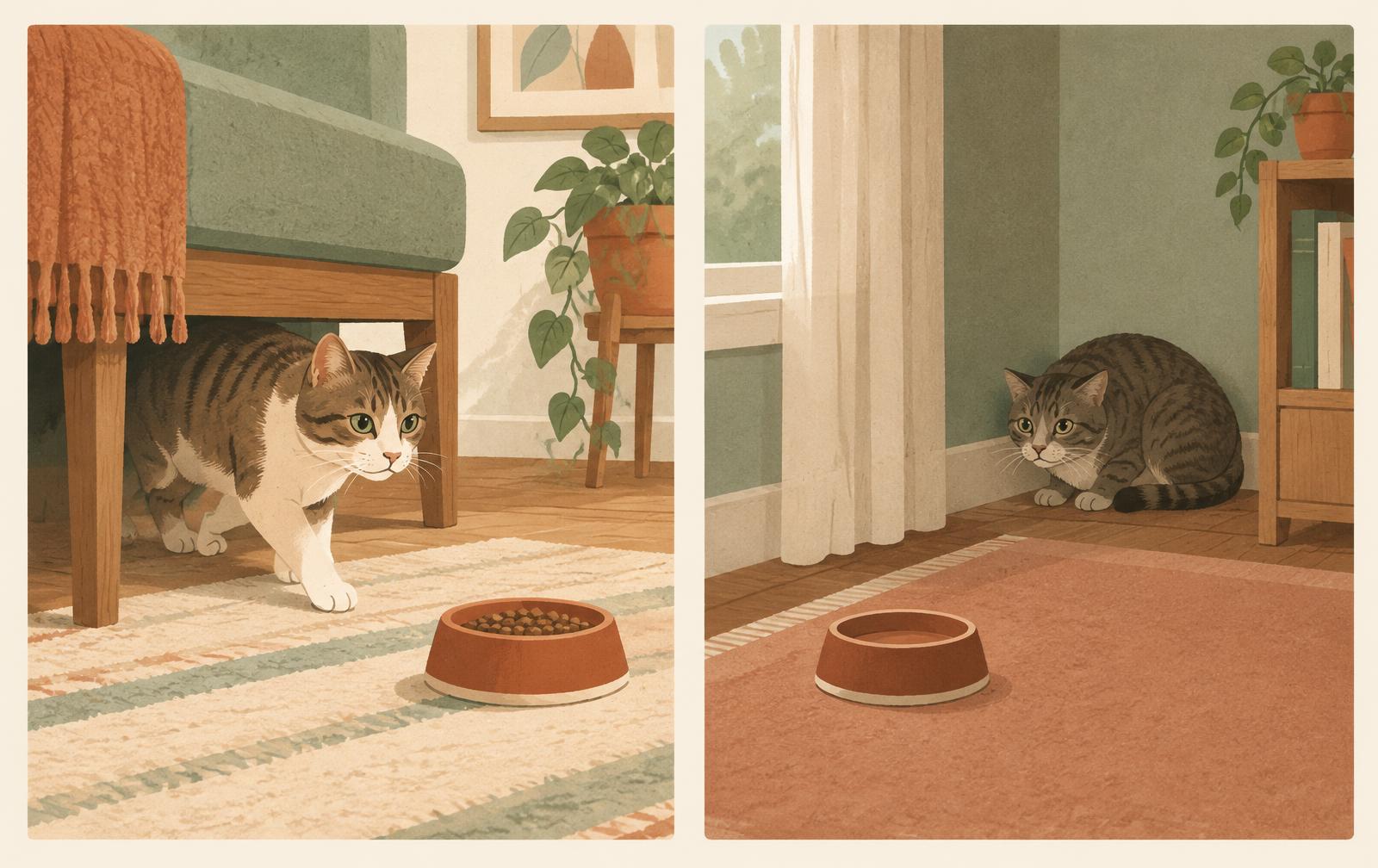 An illustration contrasting a cat briefly hiding during fireworks with a cat remaining withdrawn and distressed afterwards.