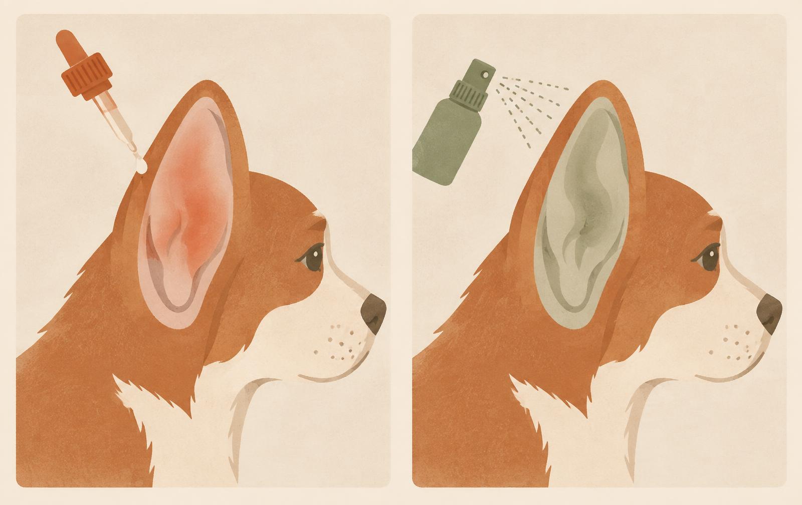 Two illustrated panels contrasting an inflamed dog ear with a settled one.