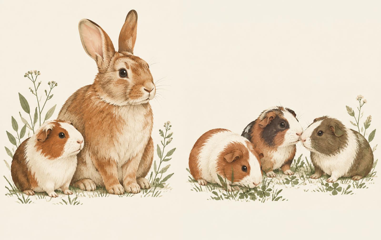 An illustration contrasting a guinea pig beside a rabbit with a group of guinea pigs interacting with each other.