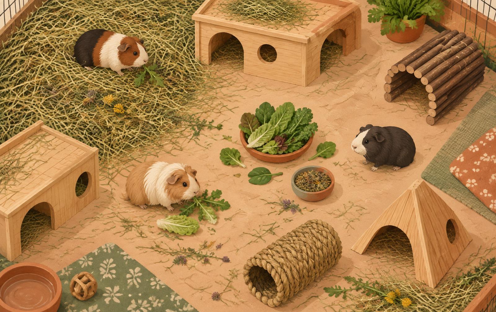 An illustration of an enriched guinea pig enclosure with companions, hay, hiding places, vegetables and opportunities to forage.