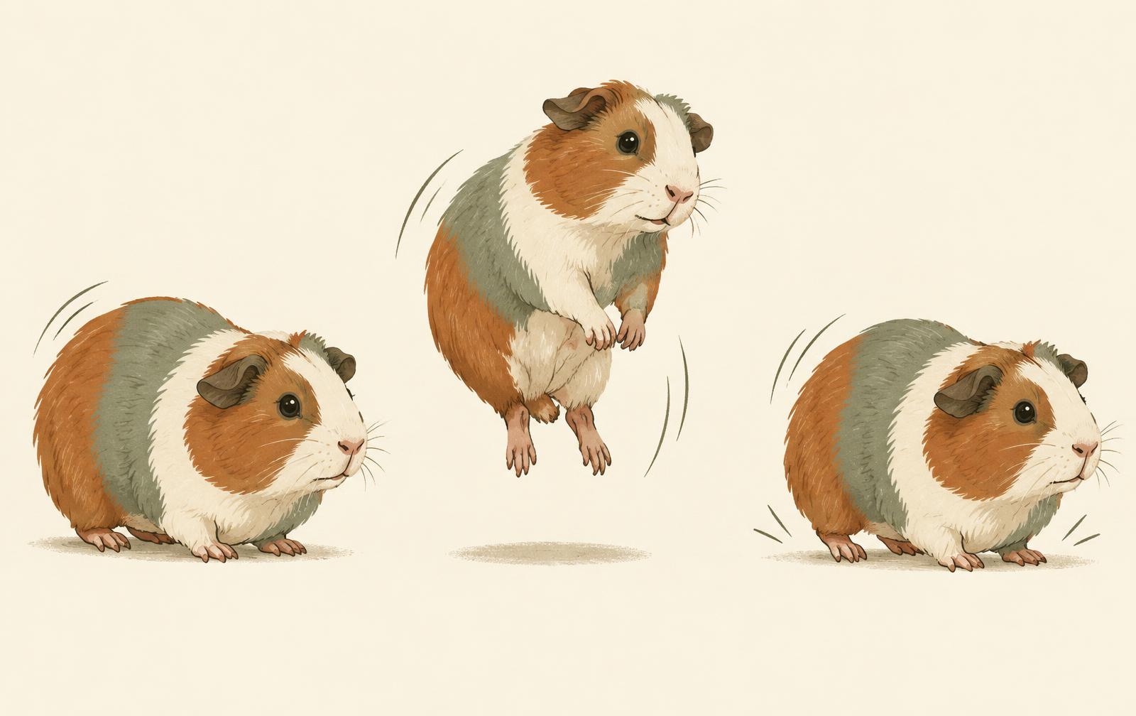 A three-stage illustration showing a guinea pig performing a popcorn jump.