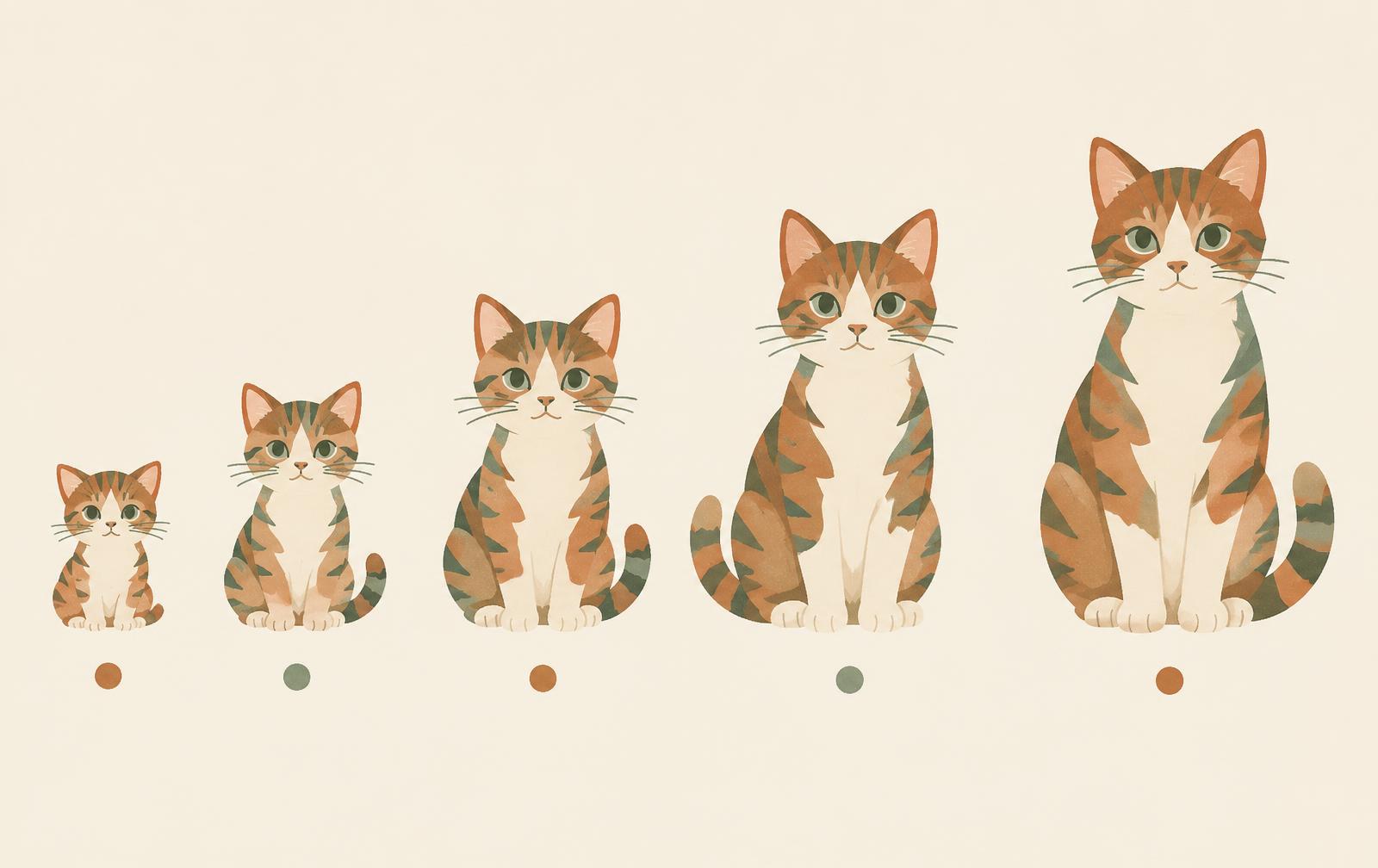 A row of kittens growing in size above a line of markers that spread further apart.