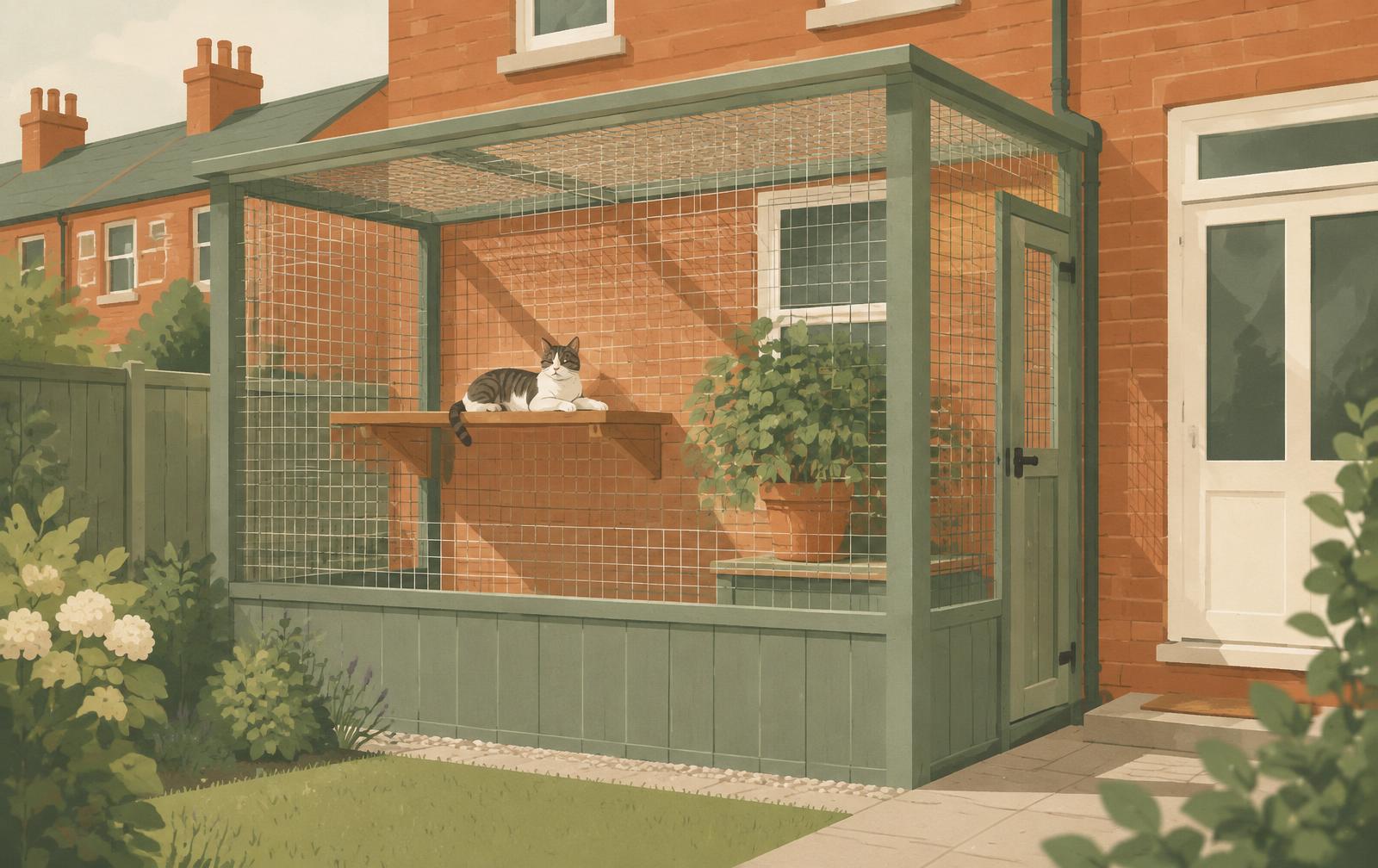 A cat resting in a small mesh-roofed enclosure attached to a house.