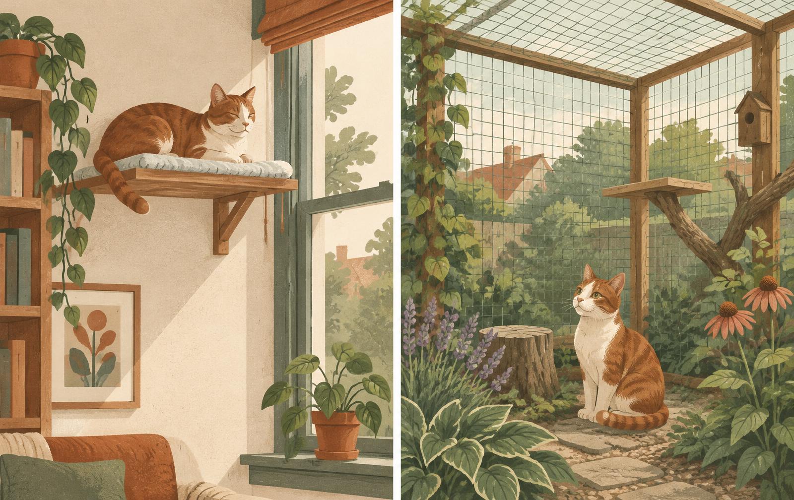 A cat on an indoor shelf by a window beside a cat in a garden enclosure.