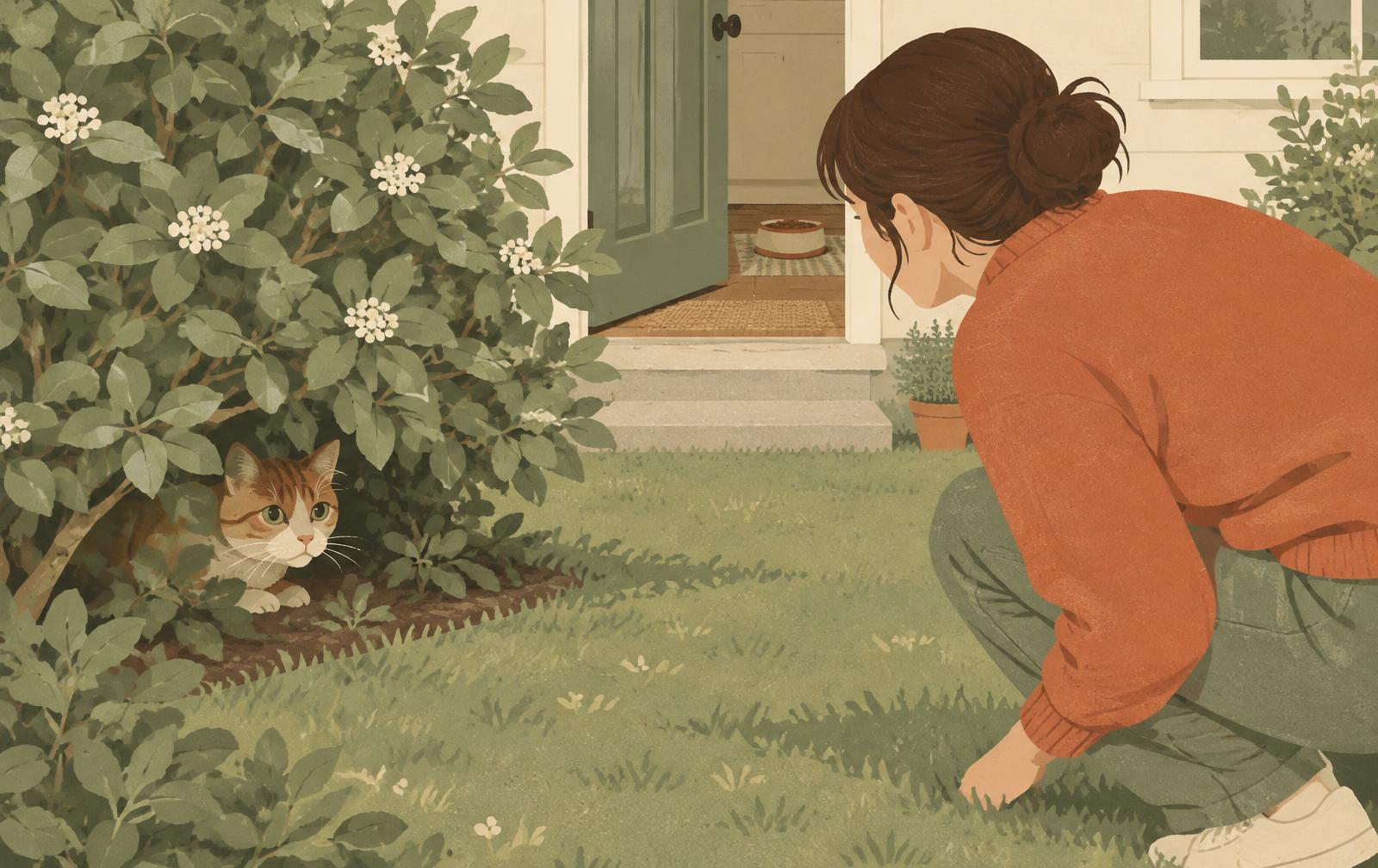 A cat watching from under a shrub while its owner waits nearby with the back door open.