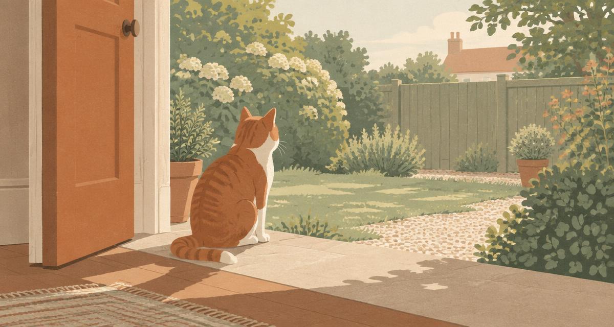 A cat on an open back doorstep looking out into a garden.