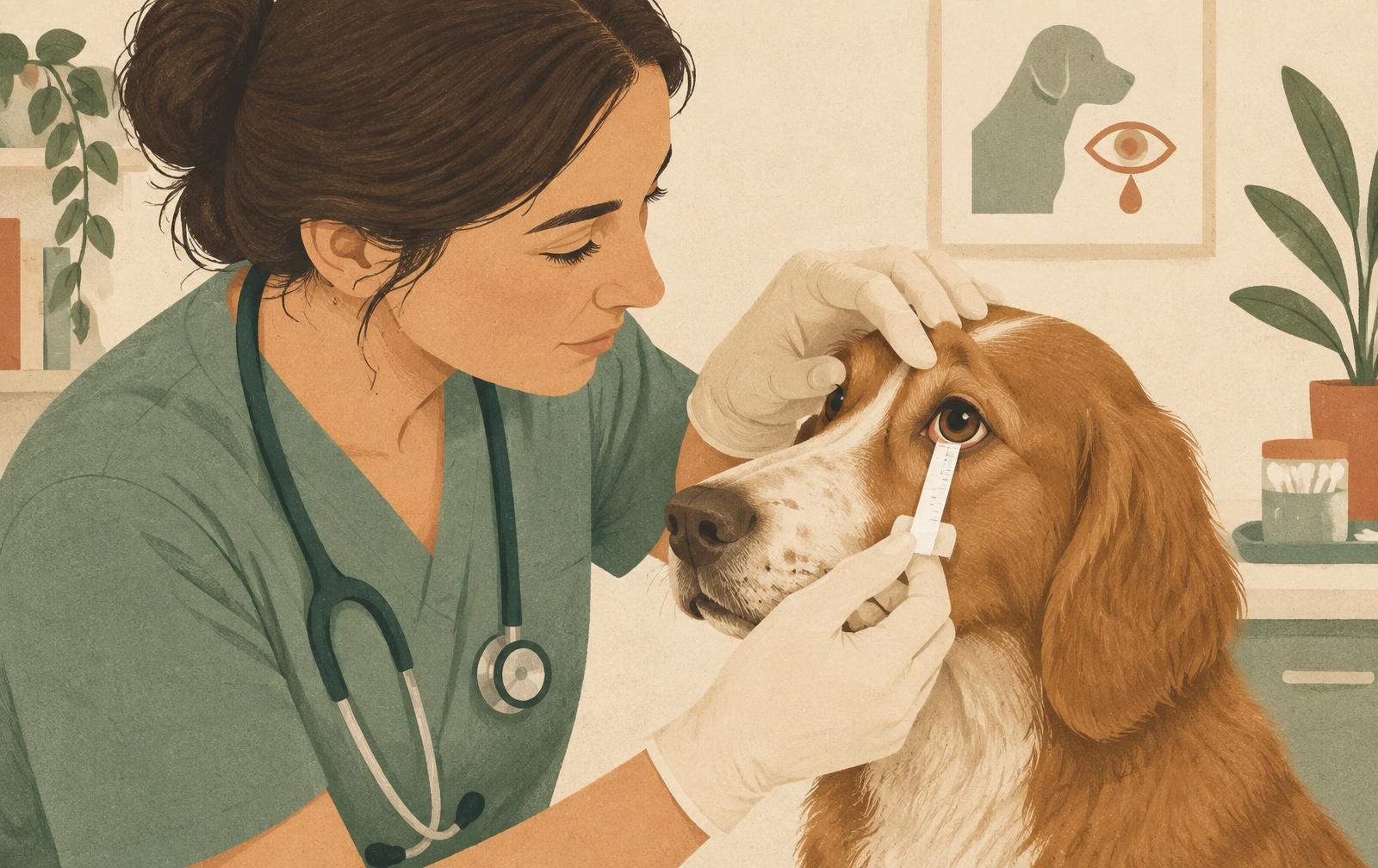 An illustration of a veterinarian performing a Schirmer tear test on a dog.
