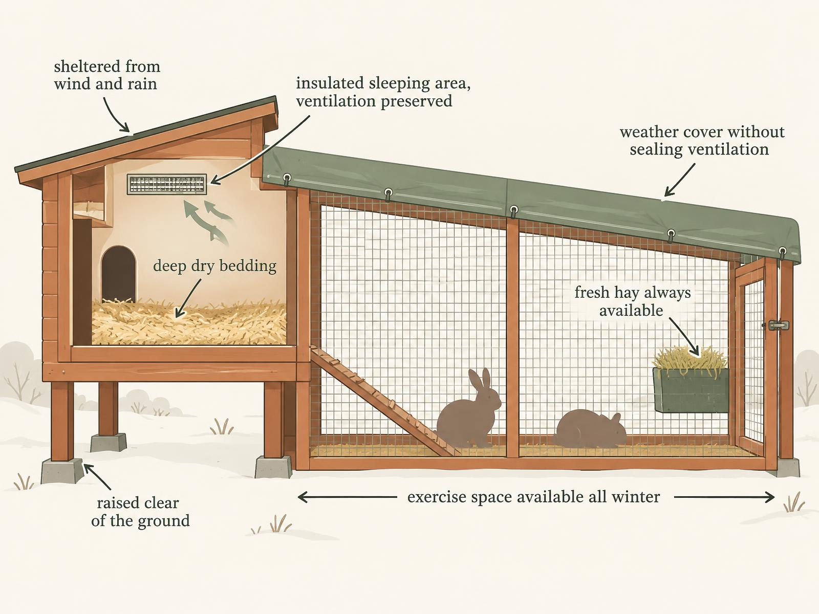A labelled diagram of well-prepared winter rabbit accommodation with a protected sleeping area and permanently accessible exercise space.